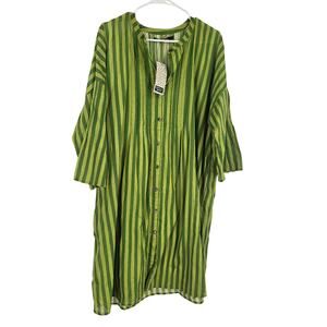 Gudrun Sjoden Serafina Dress Green Striped Button Down Tunic Lagenlook NWT Sz L